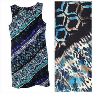 Connected Apparel Sleeveless Blue Animal Print Sheath Size 6 Women's Work Dress